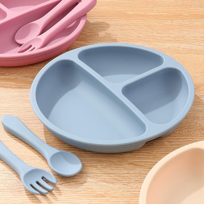 sakoraware Silicone Solid Silicon Bowl Plate Combo with Spoon & Fork for Babies Kids|Sunction Base Easy to Hold Gentle on Gums for Infants|Microwave & Dishwasher Safe Easy to Clean|Random Color (2) - Image 4