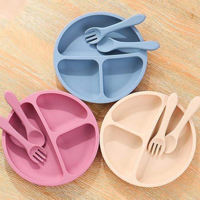 sakoraware Silicone Solid Silicon Bowl Plate Combo with Spoon & Fork for Babies Kids|Sunction Base Easy to Hold Gentle on Gums for Infants|Microwave & Dishwasher Safe Easy to Clean|Random Color (2) - Image 3