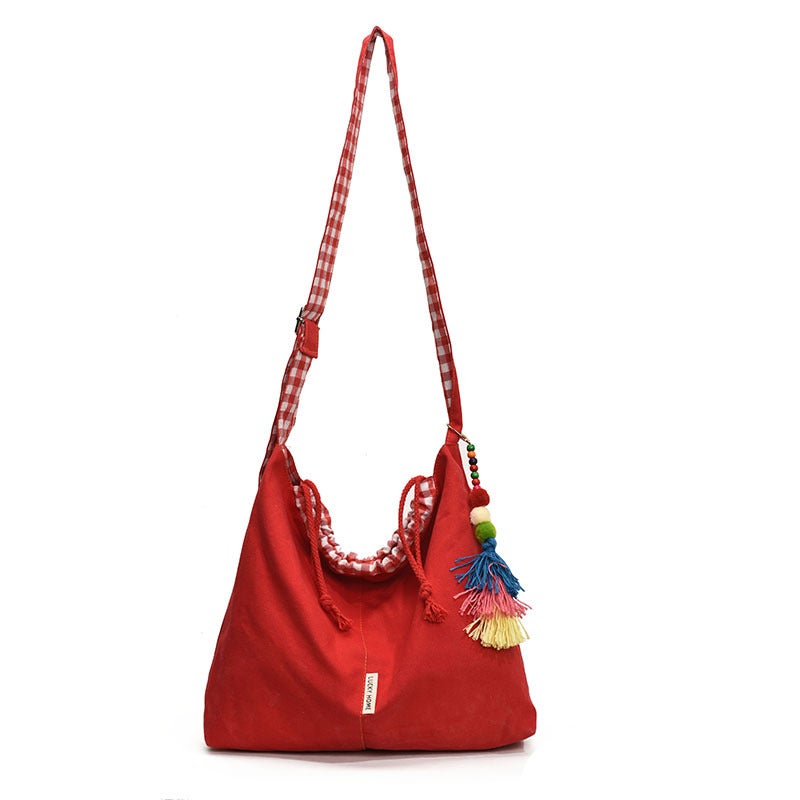 American Style Double-Sided Check Denim Canvas Large Capacity Tote Bag Double-Sided Drawstring Bag Bucket Bag Women - Image 1