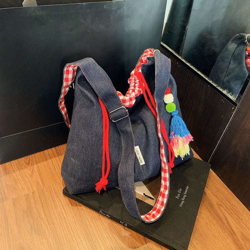 American Style Double-Sided Check Denim Canvas Large Capacity Tote Bag Double-Sided Drawstring Bag Bucket Bag Women - Image 2