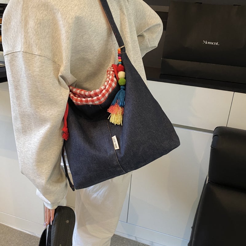 American Style Double-Sided Check Denim Canvas Large Capacity Tote Bag Double-Sided Drawstring Bag Bucket Bag Women - Image 3
