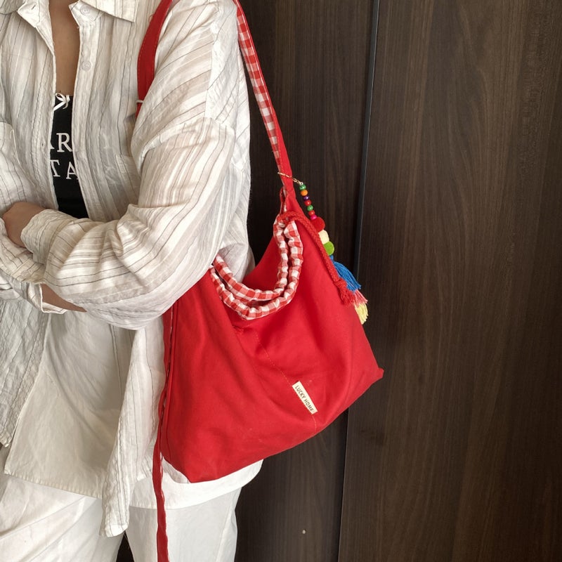 American Style Double-Sided Check Denim Canvas Large Capacity Tote Bag Double-Sided Drawstring Bag Bucket Bag Women - Image 5