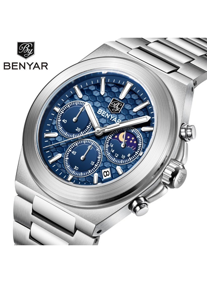 BENYAR Mens Watches Multifunction Chronograph Date Quartz Watch for Men Stainless Steel Band Wrist Watch Gift for Men Casual Business - Image 1