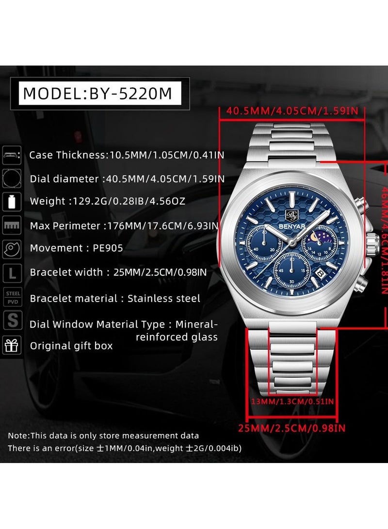 BENYAR Mens Watches Multifunction Chronograph Date Quartz Watch for Men Stainless Steel Band Wrist Watch Gift for Men Casual Business - Image 5