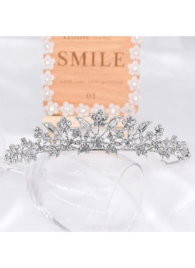 CROWNFAN Gorgeous Flower Crystal Tiara For Women Rhinestones Wedding Hair Accessories For Brides Crown Silver  - Image 3