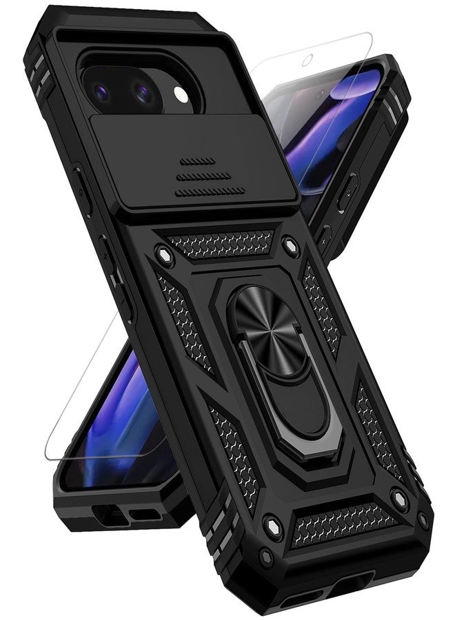 PUSHIMEI for Google Pixel 9A Case with Slide Camera Cover HD Screen Protector [Military Grade 16ft. Drop Tested] Magnetic Ring Holder Kickstand Protective Phone Case for Google Pixel 9A 2025, Black - Image 1