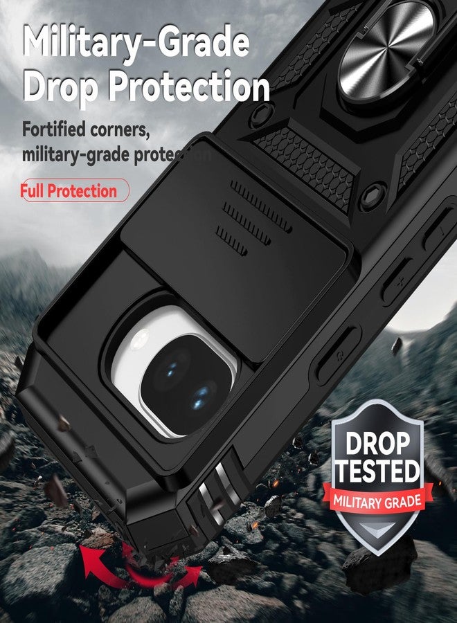PUSHIMEI for Google Pixel 9A Case with Slide Camera Cover HD Screen Protector [Military Grade 16ft. Drop Tested] Magnetic Ring Holder Kickstand Protective Phone Case for Google Pixel 9A 2025, Black - Image 4