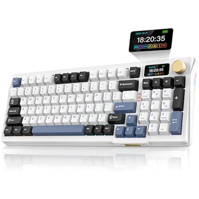 rayihni K95 WIRELESS MECHANICAL KEYBOARD, TFT SCREEN & KNOB, TRI-MODE BT5.0/2.4GHZ/USB-C HOT SWAPPABLE CUSTOM, PRE-LUBED LINEAR SWITCHES, GASKET STRUCTURE, RGB GAMING KEYBOARD, SNOWY WHITE-BLUE - Image 1