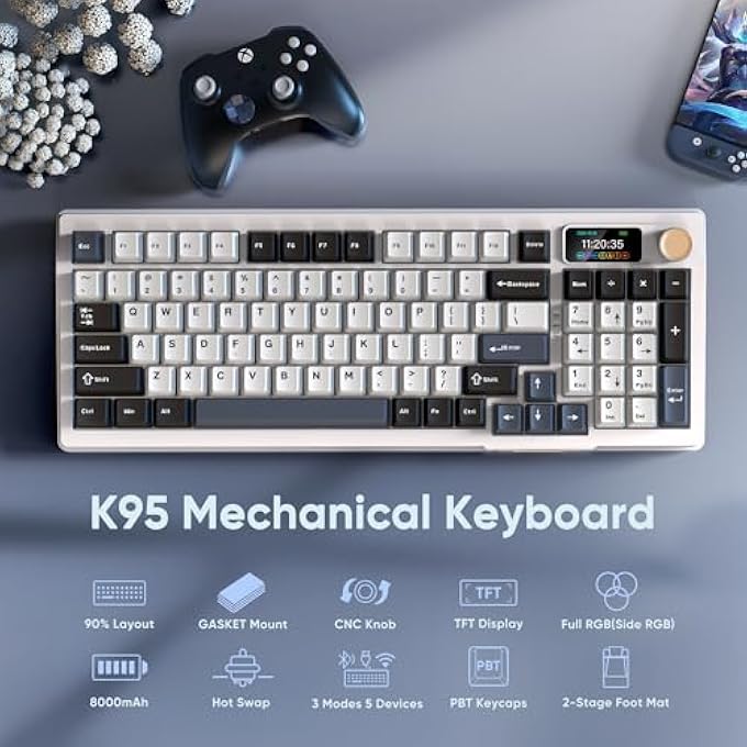 rayihni K95 WIRELESS MECHANICAL KEYBOARD, TFT SCREEN & KNOB, TRI-MODE BT5.0/2.4GHZ/USB-C HOT SWAPPABLE CUSTOM, PRE-LUBED LINEAR SWITCHES, GASKET STRUCTURE, RGB GAMING KEYBOARD, SNOWY WHITE-BLUE - Image 2