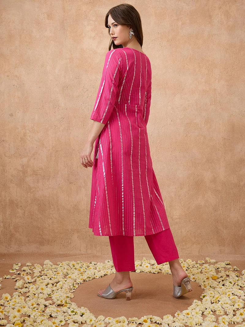 globus Women Woven Design Lurex Detail V-Neck Angrakha Style Kurta & Pants Festive Set
