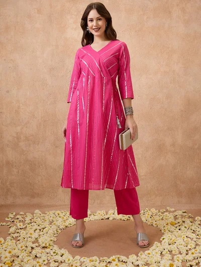 globus Women Woven Design Lurex Detail V-Neck Angrakha Style Kurta & Pants Festive Set