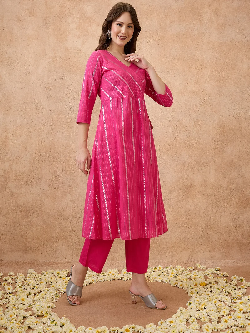 globus Women Woven Design Lurex Detail V-Neck Angrakha Style Kurta & Pants Festive Set