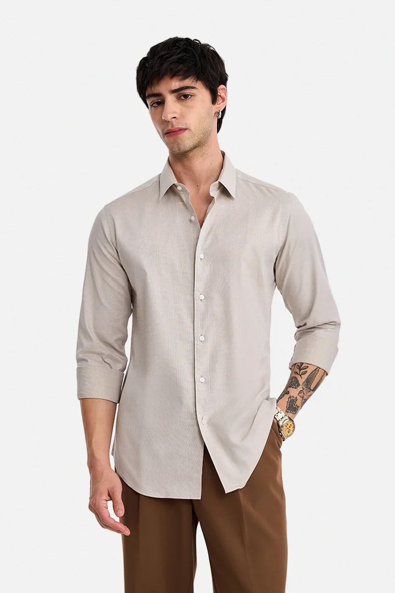 SNITCH Beige Checkered Long Sleeve Slim Fit Casual Shirt