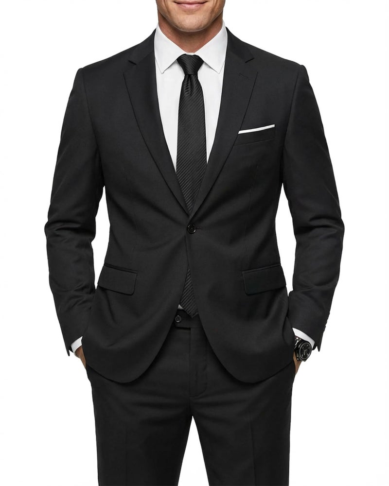 MYS MY'S Men's 2 Piece Suit with Tie, One Button Slim Fit Solid Jacket and Pants Set, Suits for Men Party Prom Wedding & Business, Black - Image 1
