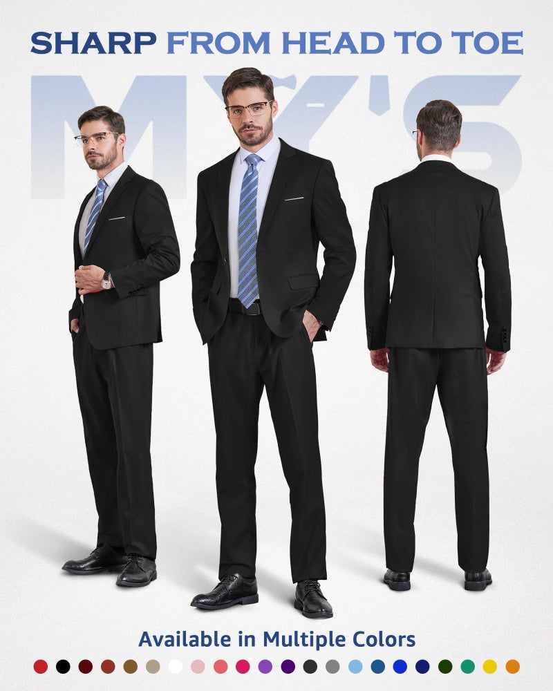 MYS MY'S Men's 2 Piece Suit with Tie, One Button Slim Fit Solid Jacket and Pants Set, Suits for Men Party Prom Wedding & Business, Black - Image 2