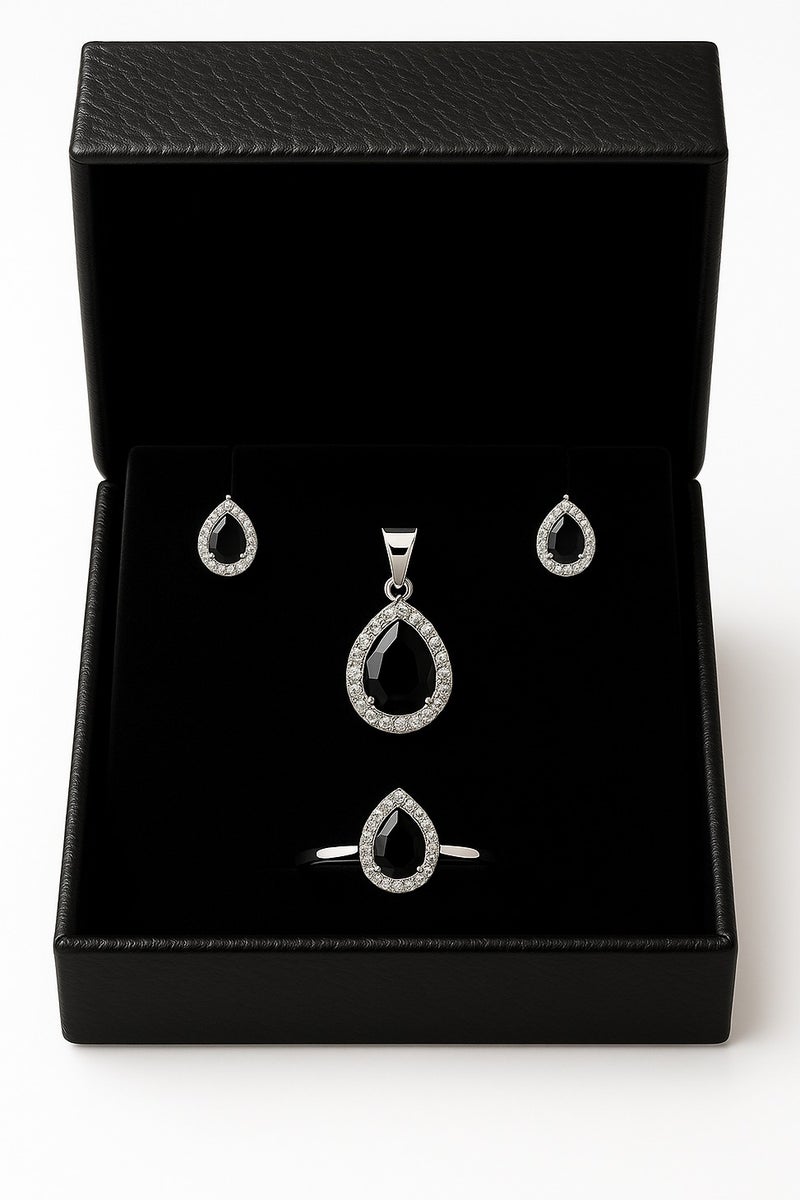 Ready For Chai 925 Sterling Silver Teardrop Sapphire Black CZ Halo Jewelry Set | Pendant, Earrings & Ring | Anti-Tarnish - Image 2