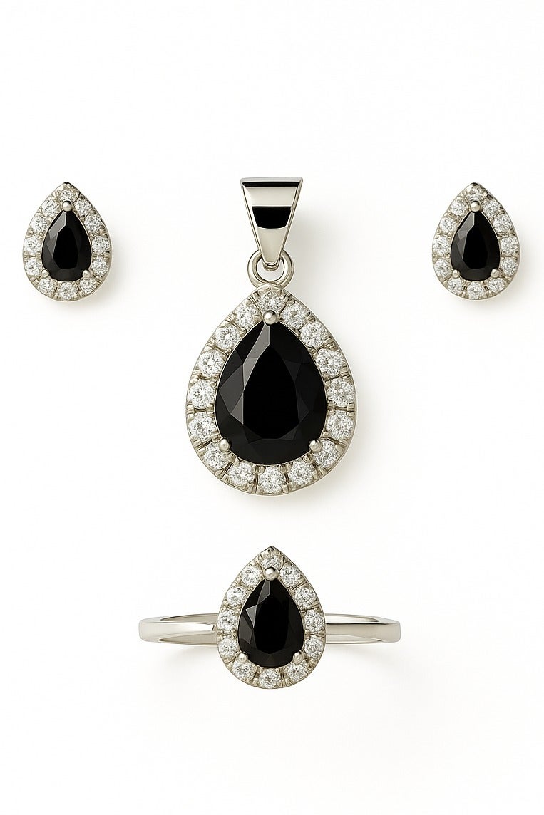 Ready For Chai 925 Sterling Silver Teardrop Sapphire Black CZ Halo Jewelry Set | Pendant, Earrings & Ring | Anti-Tarnish - Image 1