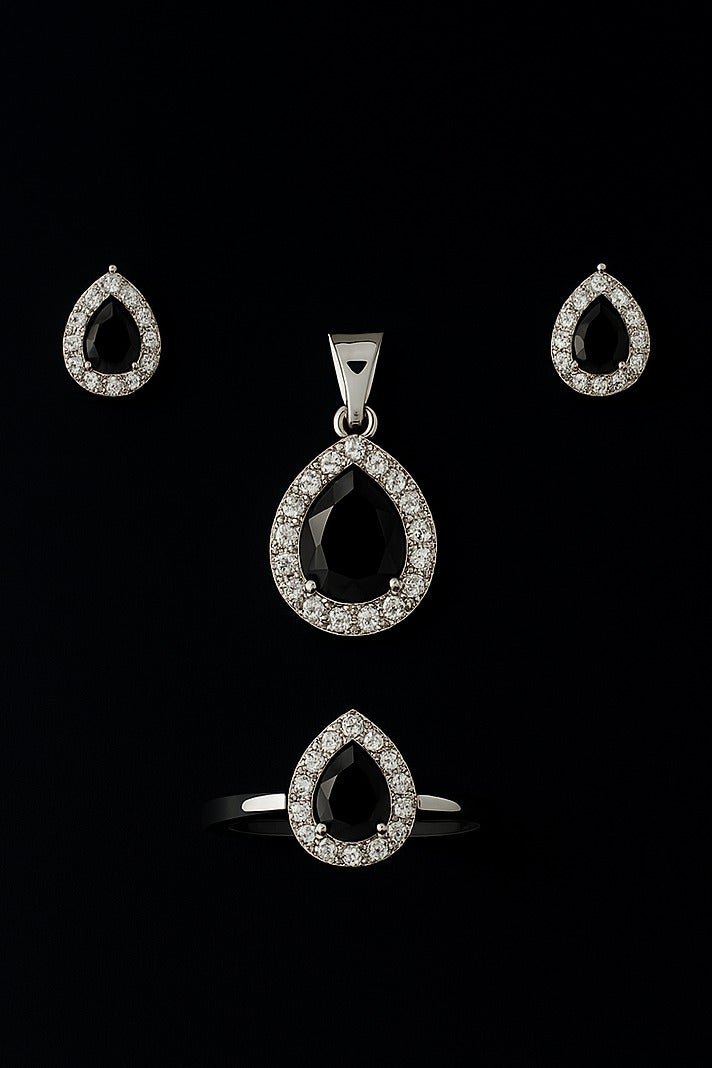 Ready For Chai 925 Sterling Silver Teardrop Sapphire Black CZ Halo Jewelry Set | Pendant, Earrings & Ring | Anti-Tarnish - Image 3