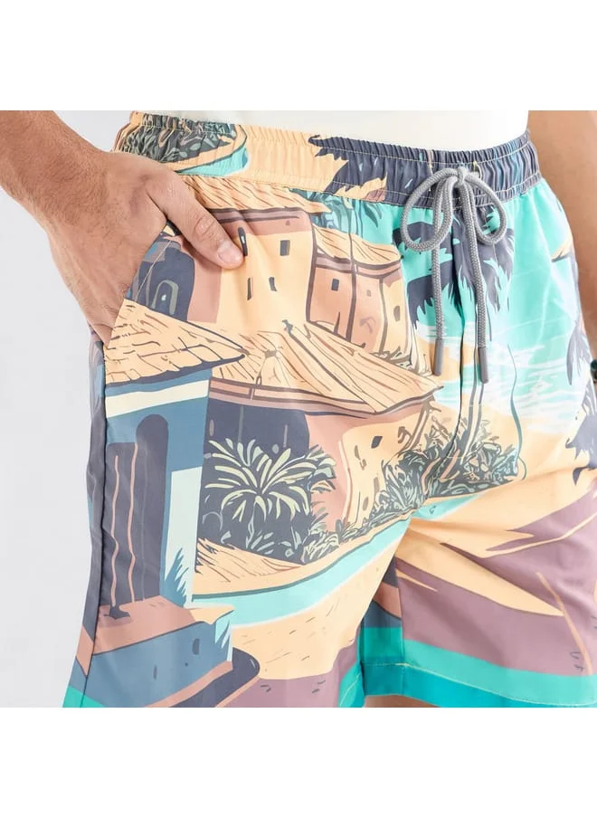 FAV Palm Tree Print Shorts with Drawstring Closure and Pockets