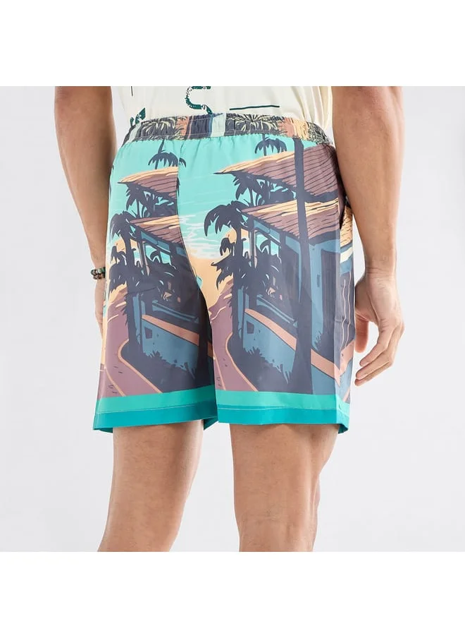 FAV Palm Tree Print Shorts with Drawstring Closure and Pockets