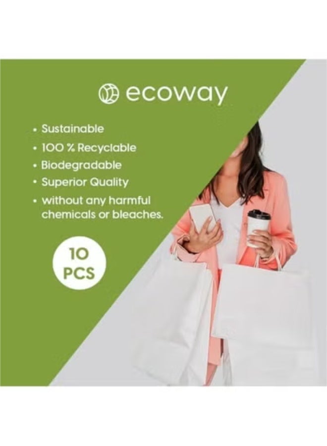 ECOWAY أكياس ورق كرافت إيكواي - عبوة من 10 أكياس ورقية متوسطة مع مقابض للتسوق، الحفلات، أعياد الميلاد، هدايا الزفاف، التجزئة، البضائع صديقة للبيئة قابلة لإعادة الاستخدام بيضاء (21X14X27 سم) - Image 2