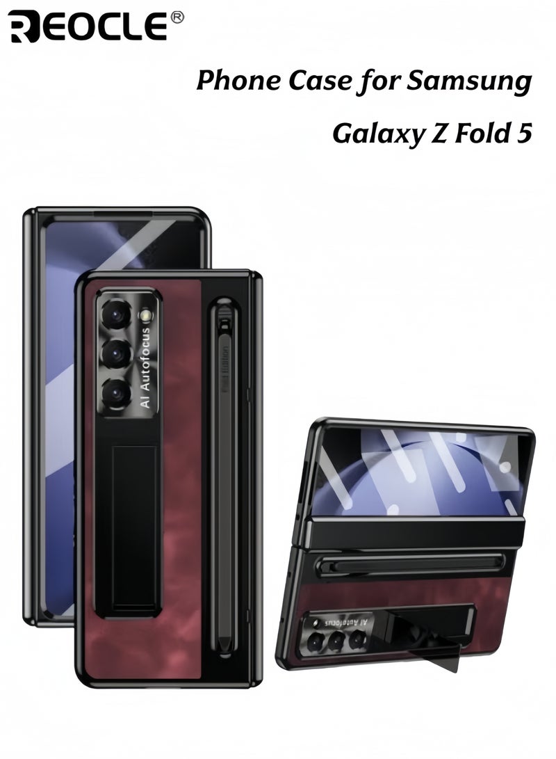 REOCLE Samsung Galaxy Z Fold 5 Frosted & Leather Case with S Pen Holder Built-in Screen Protector and Stand Shock Proof Case with S Pen Slot - Image 1