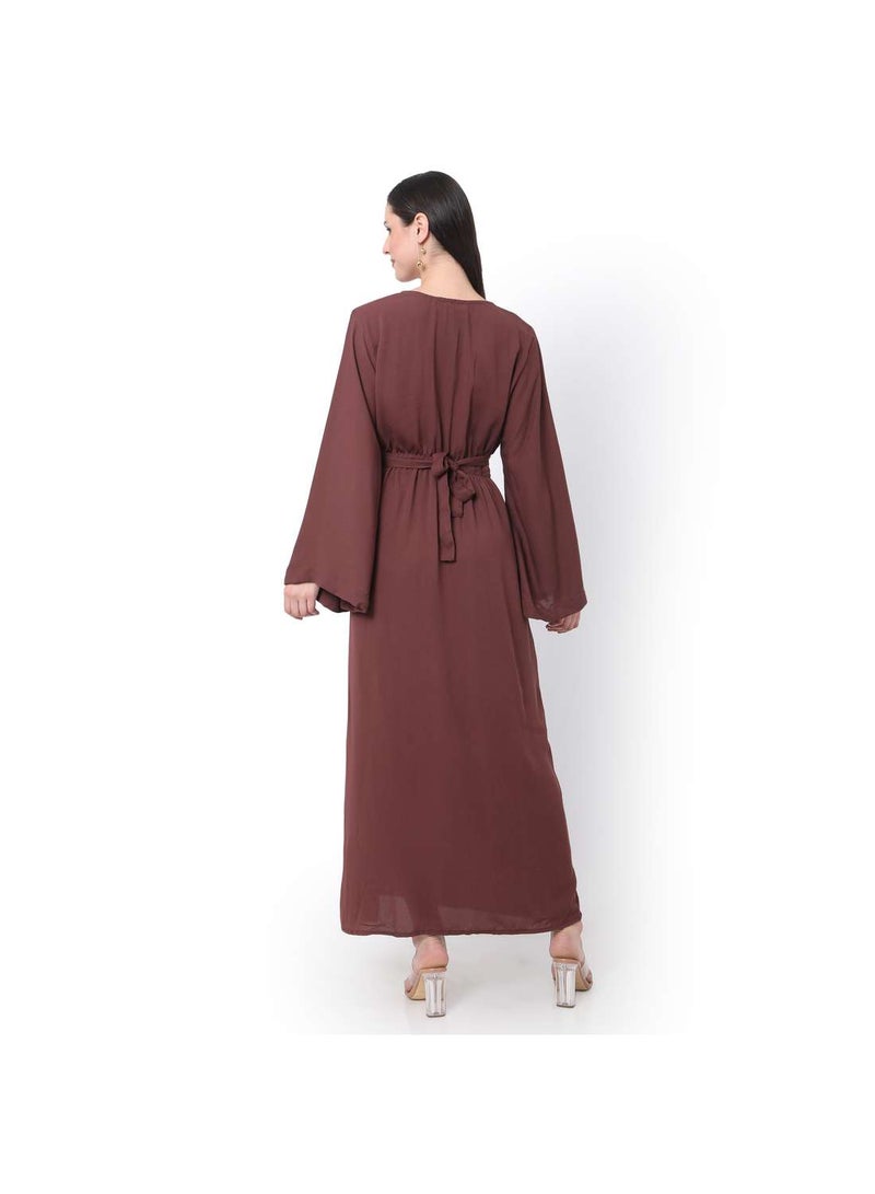 HANA & SARA MODEST SOLID LIGHT WINE COLOUR LONG KAFTAN WITH SCARF AND  ARABIC KAFTAN JALABIYA DRESS  - Image 2