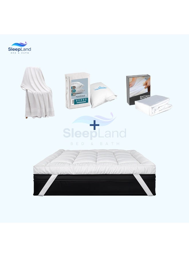 سليب لاند بكج ( لباد فندقي مقاس 200×100 سم ارتفاع 14 سم + واقي مرتبة مقاس 200×100 سم + طقم واقي مخدة + منشفة قطن مقاس 70*140 سم) - Image 1