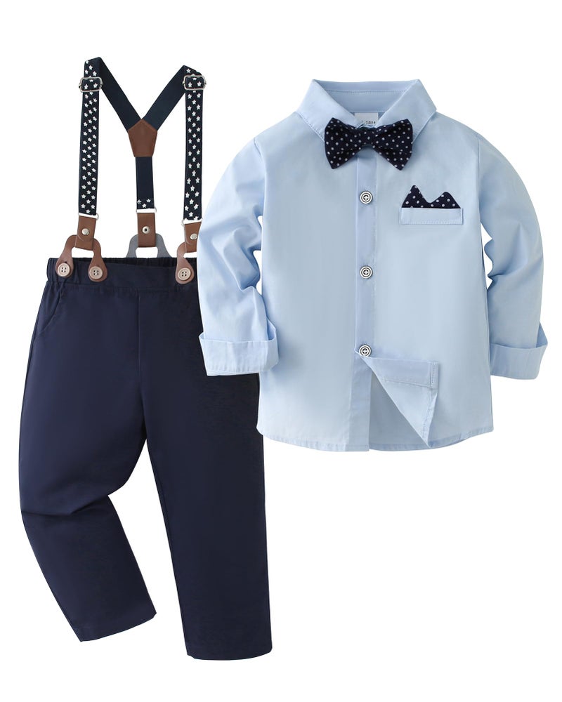 YALLET Toddler Baby Boy Clothes Suit Gentleman Outfits Formal Dress Shirt + Bowtie + Suspender Pants Wedding Party(L Sky Blue, 4-5T) - Image 1