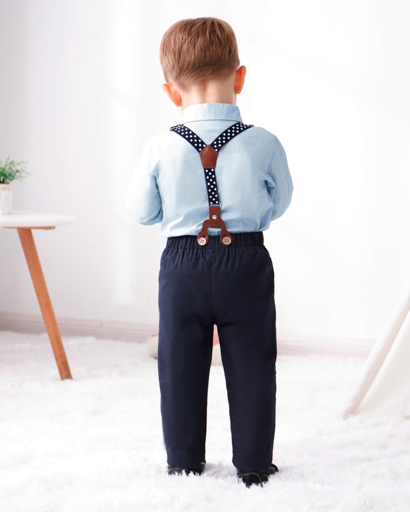 YALLET Toddler Baby Boy Clothes Suit Gentleman Outfits Formal Dress Shirt + Bowtie + Suspender Pants Wedding Party(L Sky Blue, 4-5T) - Image 4