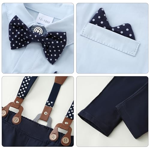 YALLET Toddler Baby Boy Clothes Suit Gentleman Outfits Formal Dress Shirt + Bowtie + Suspender Pants Wedding Party(L Sky Blue, 4-5T) - Image 5
