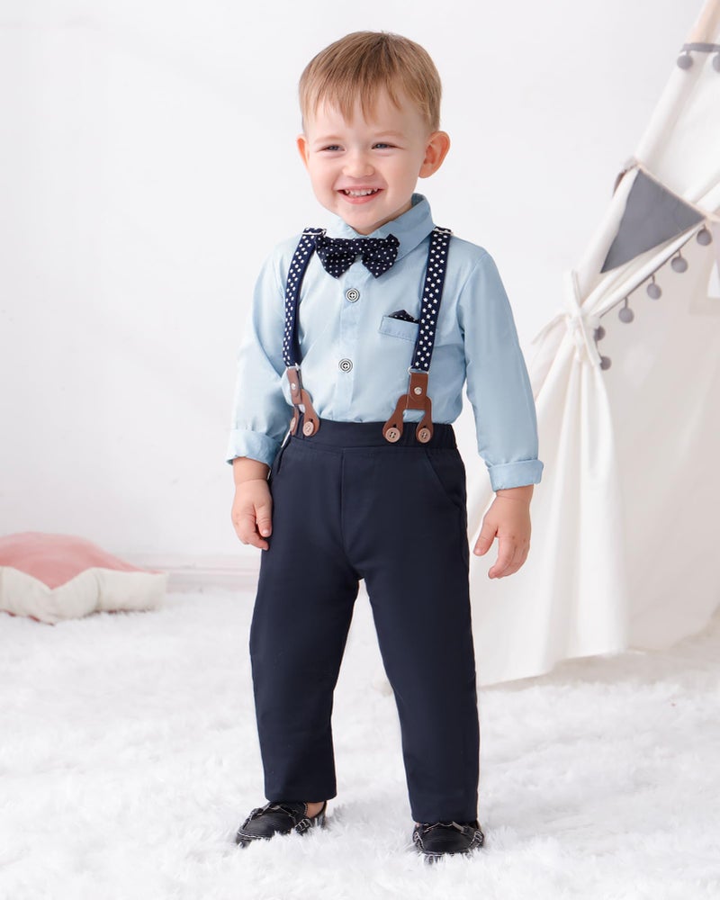 YALLET Toddler Baby Boy Clothes Suit Gentleman Outfits Formal Dress Shirt + Bowtie + Suspender Pants Wedding Party(L Sky Blue, 4-5T) - Image 2