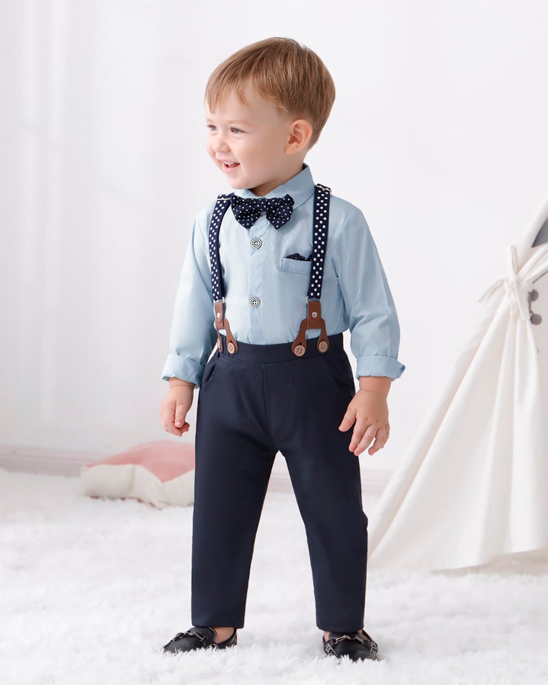 YALLET Toddler Baby Boy Clothes Suit Gentleman Outfits Formal Dress Shirt + Bowtie + Suspender Pants Wedding Party(L Sky Blue, 4-5T) - Image 3