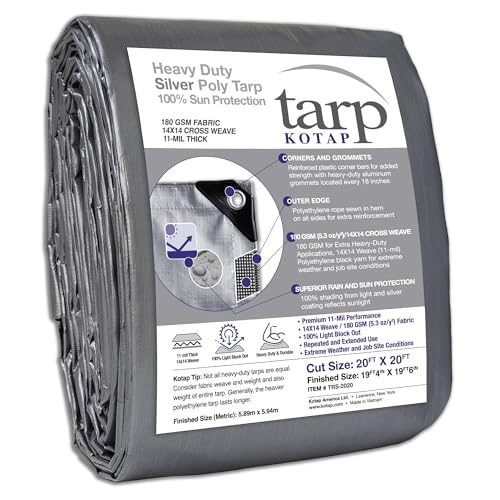 Kotap 20 x 20 Ft. Heavy-Duty Protection/Coverage Tarp, Superior Weave for Greater Longevity, 10-mil Multi-Use, Waterproof, TRS-2020, Silver (1-Pack) - Image 1