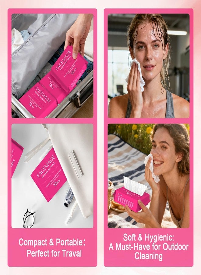 FACEMADE 48 Count (4 Packs) Disposable Travel Face Towels, 100% USDA Biobased Face Towelettes Disposable for Outdoor Cleaning, Clean Towels for Remove, Cleanse & Dry, Super Soft and Thick Dry Wipes - Image 2