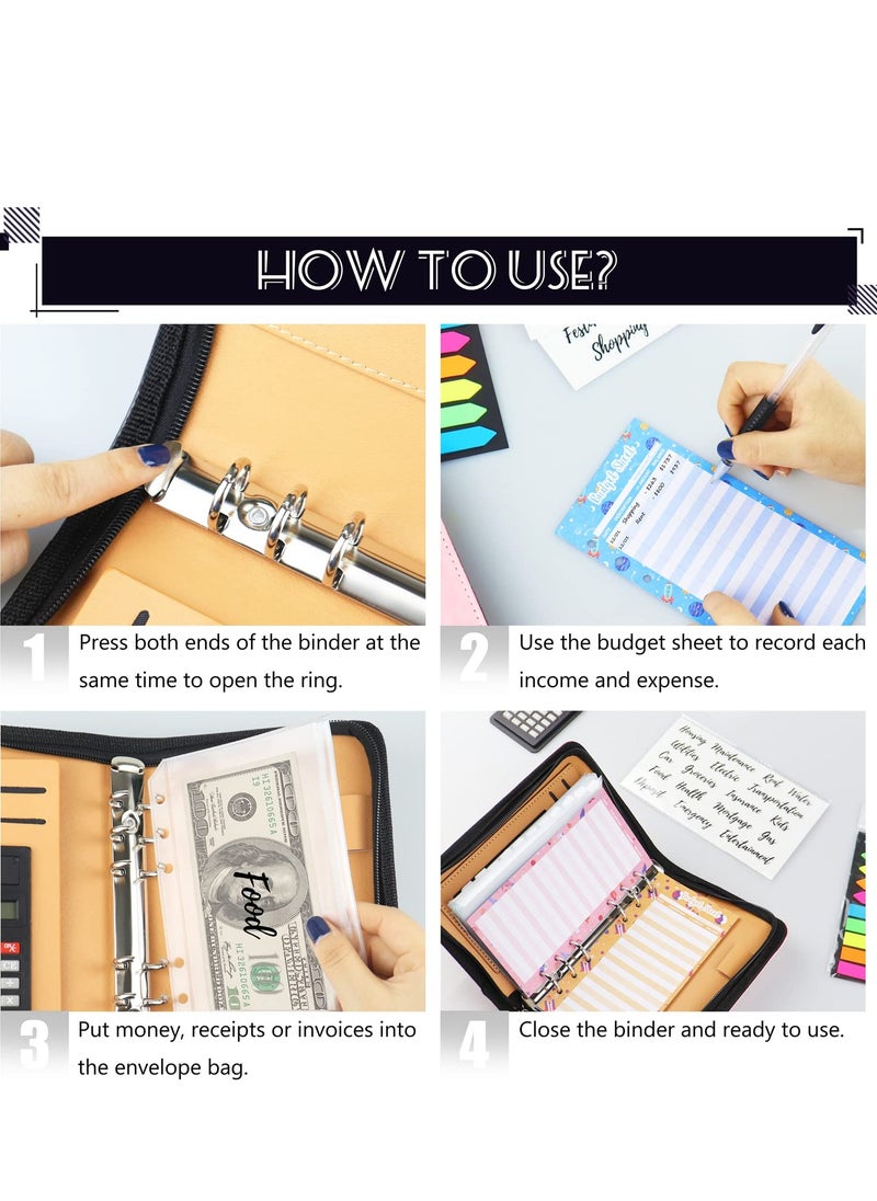 SYOSI Budget Binder with Zipper Envelopes, Cash Envelopes for Budgeting, A6 PU Leather Budget Planner with Cash Envelopes Calculator, Bill Money Organizer for Cash Saving Budget System Wallet (Black)  - Image 5