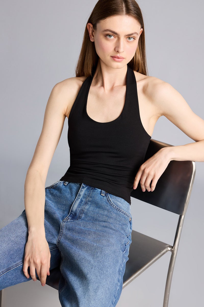 DeFacto Black Woman Slim Fit Halter Collar Tank Top Casual - Image 1