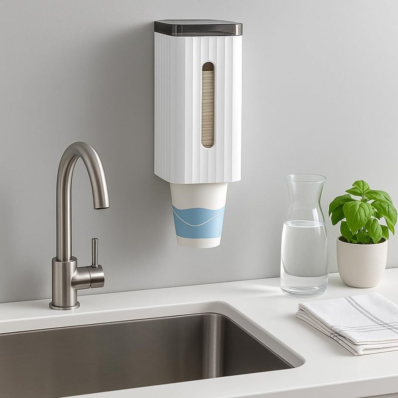 FITTO Cup Dispenser, Water Cooler Cup Holder Wall Mount Fit 5oz - 7oz Cups, Pull Type Disposable Cup Dispenser for Home Office - Image 1
