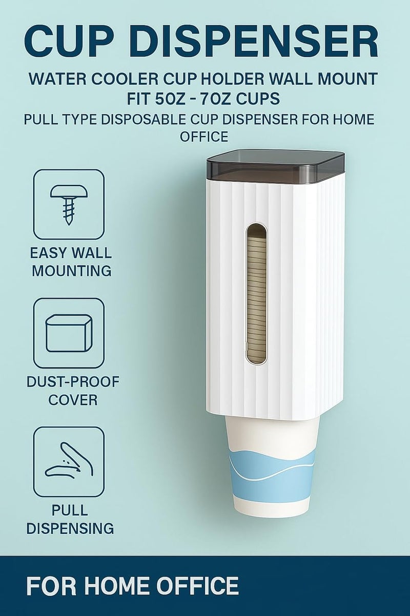 FITTO Cup Dispenser, Water Cooler Cup Holder Wall Mount Fit 5oz - 7oz Cups, Pull Type Disposable Cup Dispenser for Home Office - Image 2