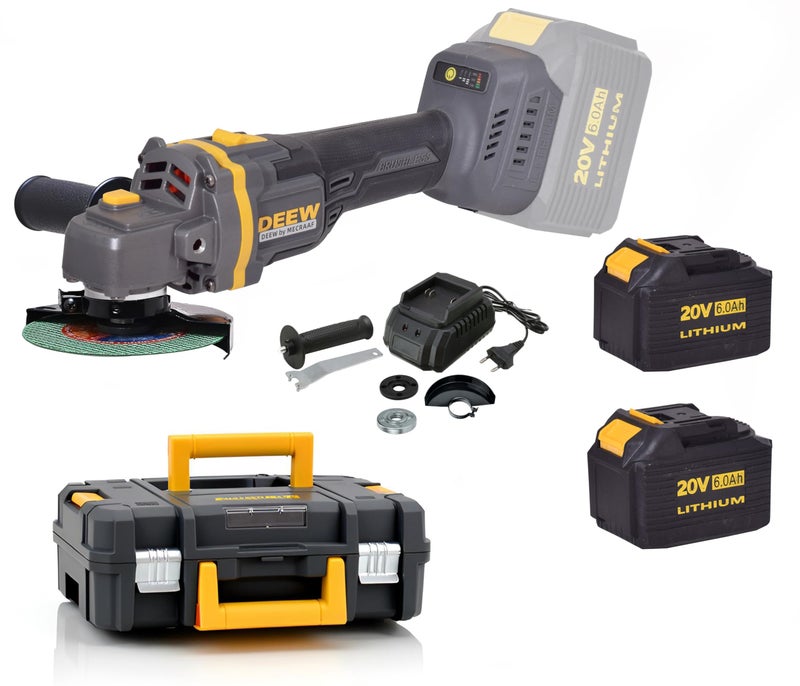 MECRAAF® Cordless 20V Angle Grinder | 2x 6.0Ah Batteries & Fast Charger | 8500RPM Brushless Motor Metal Grinder for Cutting Polishing with Auxiliary Handle - Image 1