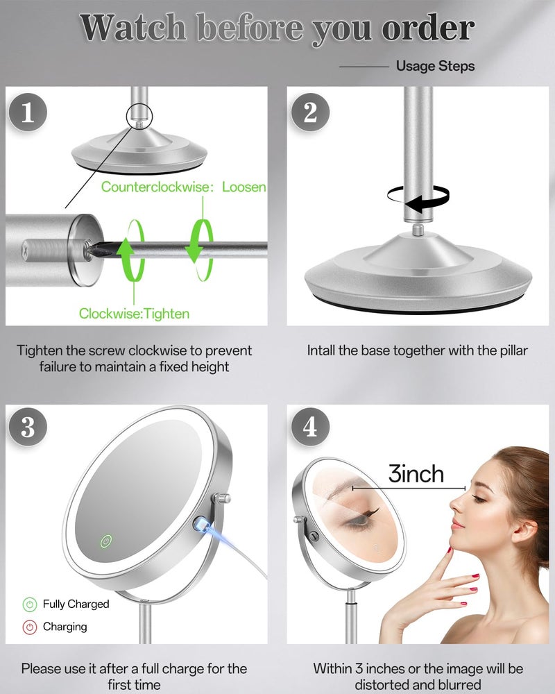 vpu Makeup Mirror with Lights, 1X/30X Lighted Magnifying Mirror Height Adjustable, 3000mAh Rechargeable Double Sided Vanity Mirrors with 3 LED Lighting and Adjustable Brightness for Desk Women Gift - Image 2