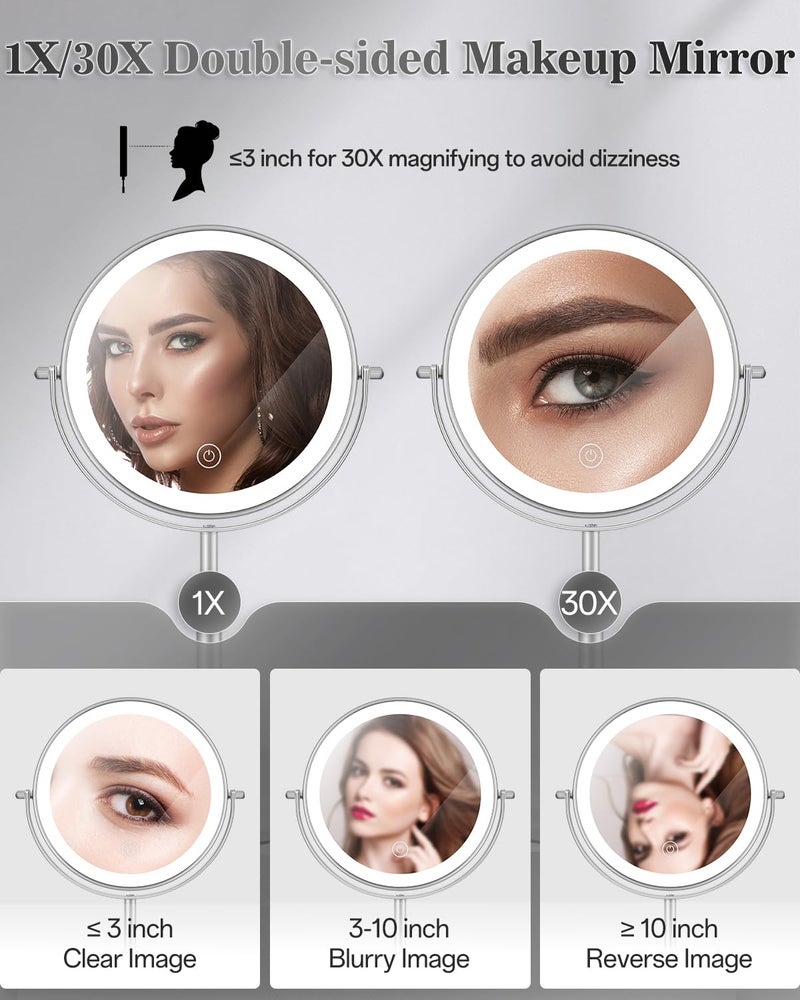 vpu Makeup Mirror with Lights, 1X/30X Lighted Magnifying Mirror Height Adjustable, 3000mAh Rechargeable Double Sided Vanity Mirrors with 3 LED Lighting and Adjustable Brightness for Desk Women Gift - Image 3
