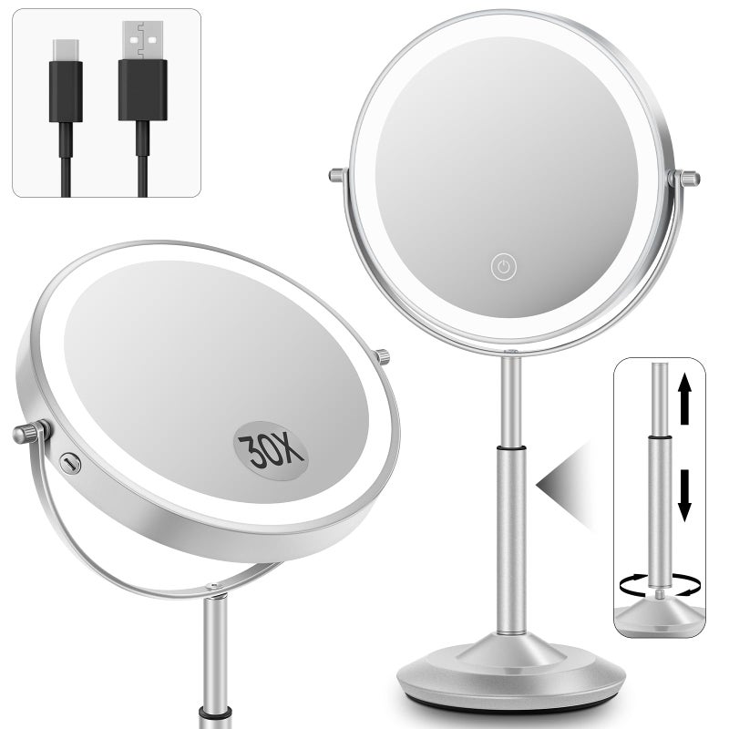 vpu Makeup Mirror with Lights, 1X/30X Lighted Magnifying Mirror Height Adjustable, 3000mAh Rechargeable Double Sided Vanity Mirrors with 3 LED Lighting and Adjustable Brightness for Desk Women Gift - Image 1