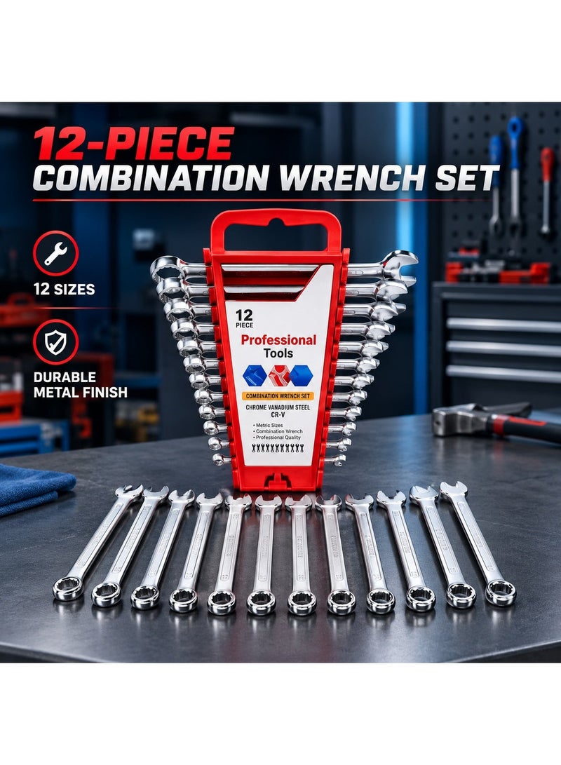Nyvio 12-Piece Combination Spanner Wrench Set, Metric Chrome Vanadium Steel Open & Ring End Wrenches for Home, Garage, Car Repair - Image 1