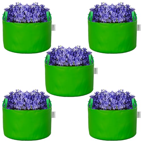 Oriley Grow Bag Heavy Duty HDPE Plants Flower Growing Bags Floor Standing Mount Type for Home Garden Balcony Terrace Kitchen Nursery (Green, Round with Handle, 250 GSM 6 x 6 inch Pack of 5) - Image 1