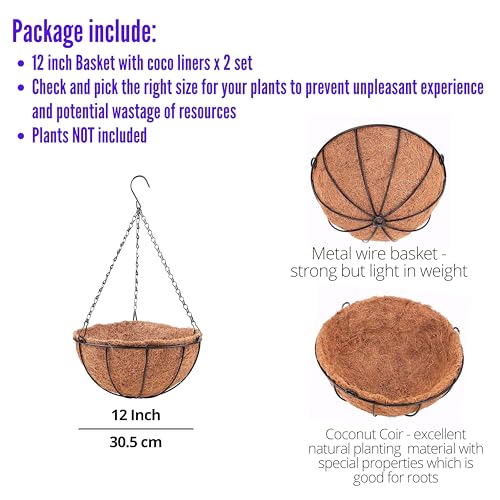 LáLáGreen LaLaGreen Hanging Planters for Outdoor Plants (2 Pack, 12 Inch) Hanging Baskets with Coco Liner Flower Pots, Metal Wire Round Plant Holder Hanger Hook Chain Deck Porch Garden Balcony Farmhouse Decor - Image 2