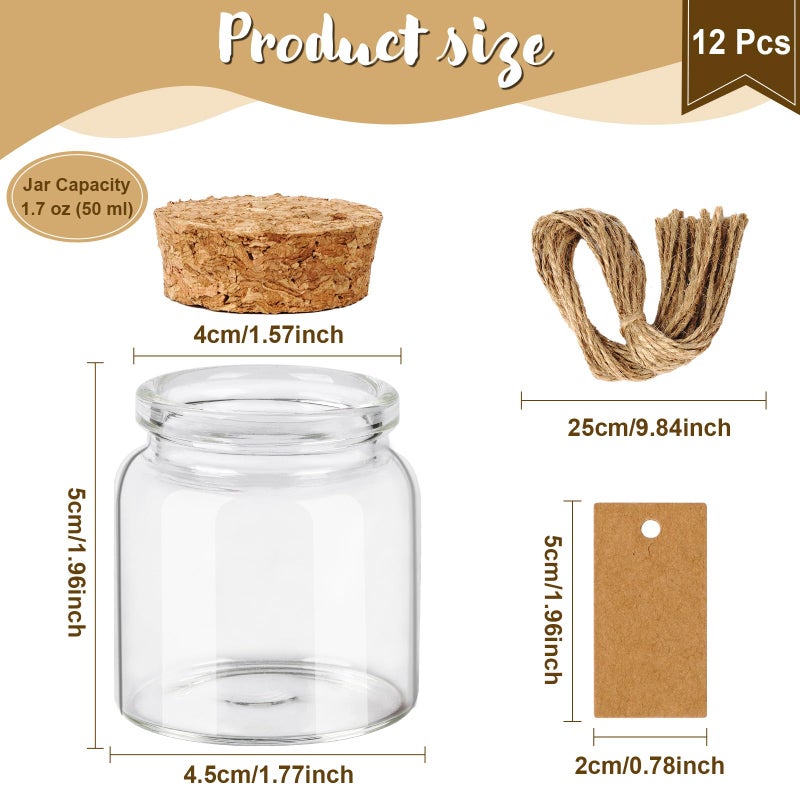 OurWarm 12 Pack Mini Jars with Lids, 1.7OZ Small Glass Bottles with Cork Tag Label and Twine, Versatile Small Glass Jars for Candy Potion Spice DIY Crafts Gift Birthday Wedding Party Decorations - Image 2