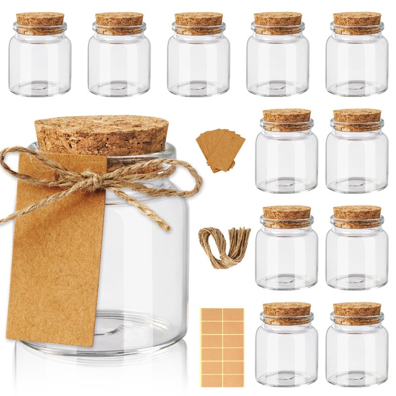 OurWarm 12 Pack Mini Jars with Lids, 1.7OZ Small Glass Bottles with Cork Tag Label and Twine, Versatile Small Glass Jars for Candy Potion Spice DIY Crafts Gift Birthday Wedding Party Decorations - Image 1
