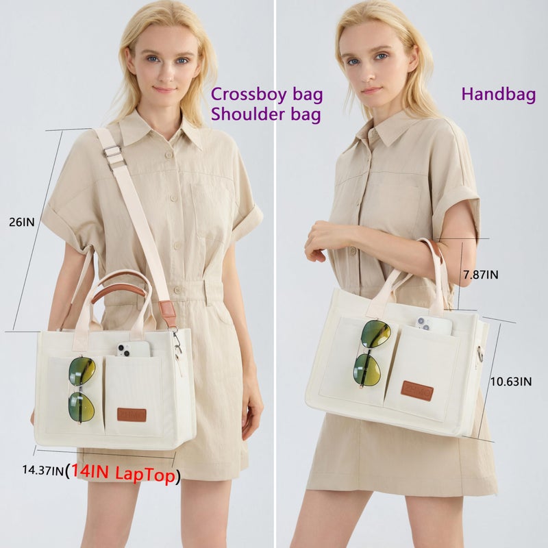 ZHMO Canvas Tote Bag for Women With Compartments and Pocket,White Women's Bags Crossbody Bags Work Laptop Tote Bag Large Satchels Handbag Tote Purse Everyday Shoulder Bag for Travel Nurse Teacher Gift - Image 2