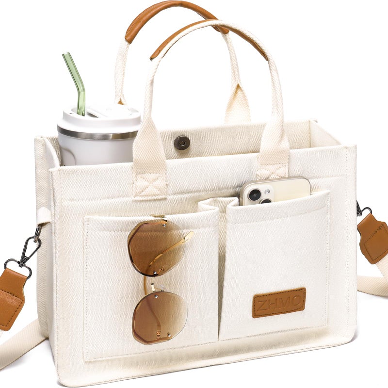 ZHMO Canvas Tote Bag for Women With Compartments and Pocket,White Women's Bags Crossbody Bags Work Laptop Tote Bag Large Satchels Handbag Tote Purse Everyday Shoulder Bag for Travel Nurse Teacher Gift - Image 1